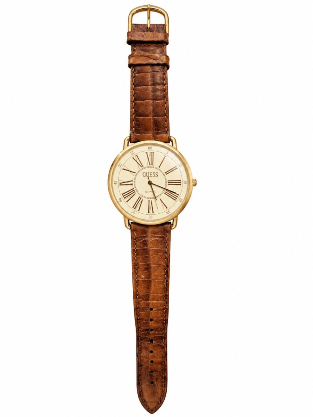 GUESS Gold-Tone Quartz Watch – Roman Numeral Dial – Brown Leather Band – Service